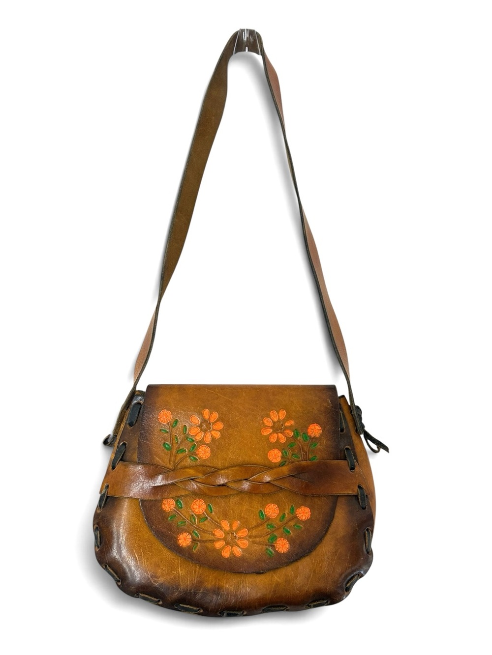 Vintage 70s Boho Handmade Tooled Brown Leather Floral Shoulder Bag